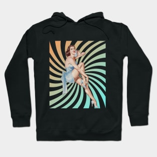 Retro Swirl Background Pin-up Girl with Phone Illustration Art Hoodie